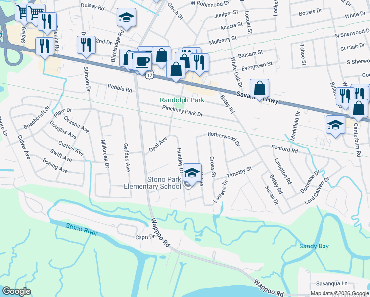 map of restaurants, bars, coffee shops, grocery stores, and more near 364 Huntley Drive in Charleston