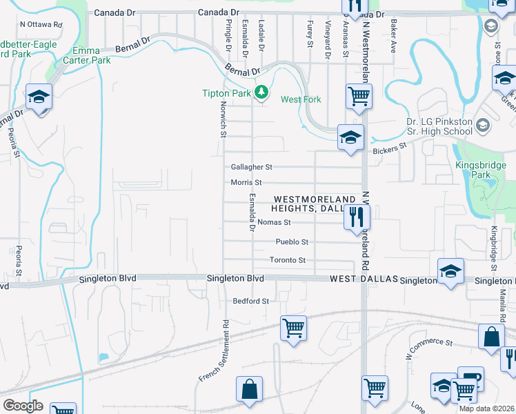 map of restaurants, bars, coffee shops, grocery stores, and more near 3624 McBroom Street in Dallas