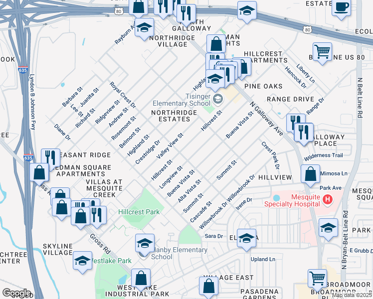 map of restaurants, bars, coffee shops, grocery stores, and more near 1510 Hillcrest Street in Mesquite