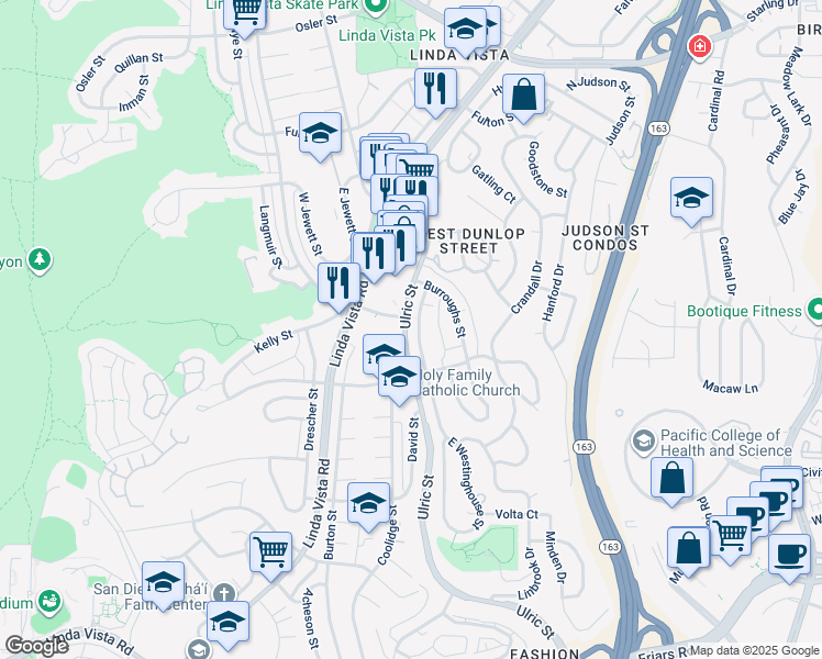 map of restaurants, bars, coffee shops, grocery stores, and more near 2137 Ulric Street in San Diego