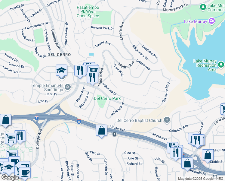 map of restaurants, bars, coffee shops, grocery stores, and more near 6482 Hillgrove Drive in San Diego