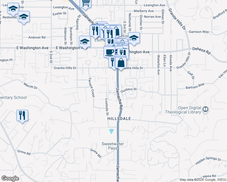 map of restaurants, bars, coffee shops, grocery stores, and more near 1498 Gustavo Street in El Cajon