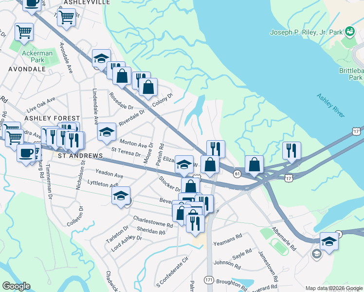 map of restaurants, bars, coffee shops, grocery stores, and more near 536 Godfrey Park Place in Charleston