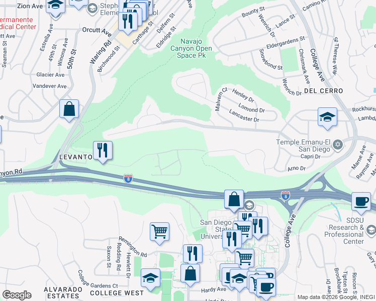 map of restaurants, bars, coffee shops, grocery stores, and more near 5727 Adobe Falls Road in San Diego