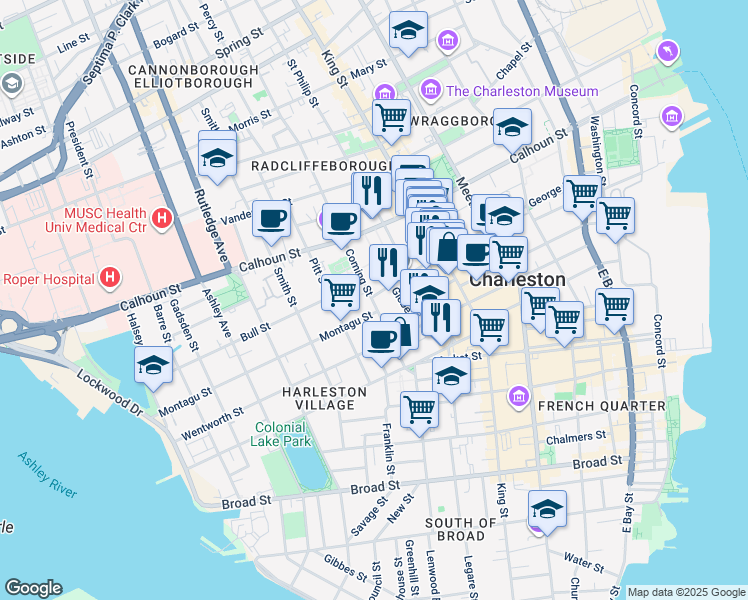 map of restaurants, bars, coffee shops, grocery stores, and more near in Charleston
