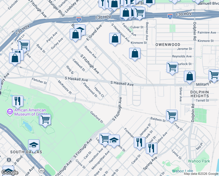 map of restaurants, bars, coffee shops, grocery stores, and more near 1623 South Fitzhugh Avenue in Dallas