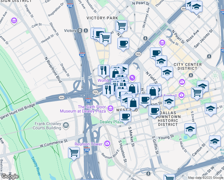 map of restaurants, bars, coffee shops, grocery stores, and more near 1777 North Record Street in Dallas