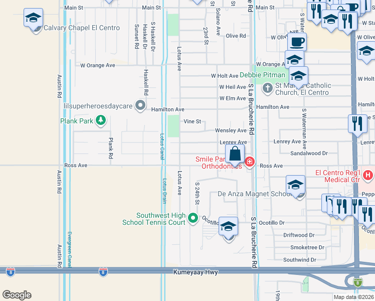 map of restaurants, bars, coffee shops, grocery stores, and more near 2470 Sandalwood Dr in El Centro