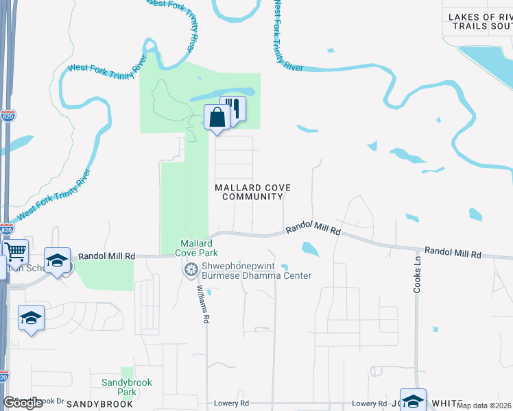 map of restaurants, bars, coffee shops, grocery stores, and more near 136 Goldeneye Lane in Fort Worth