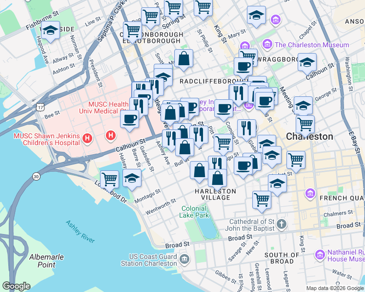 map of restaurants, bars, coffee shops, grocery stores, and more near 13 Smith Place in Charleston