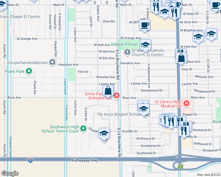 map of restaurants, bars, coffee shops, grocery stores, and more near 2110 Sandalwood Drive in El Centro