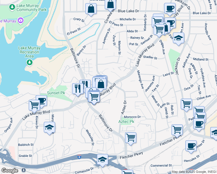 map of restaurants, bars, coffee shops, grocery stores, and more near 5680 Lake Murray Boulevard in La Mesa