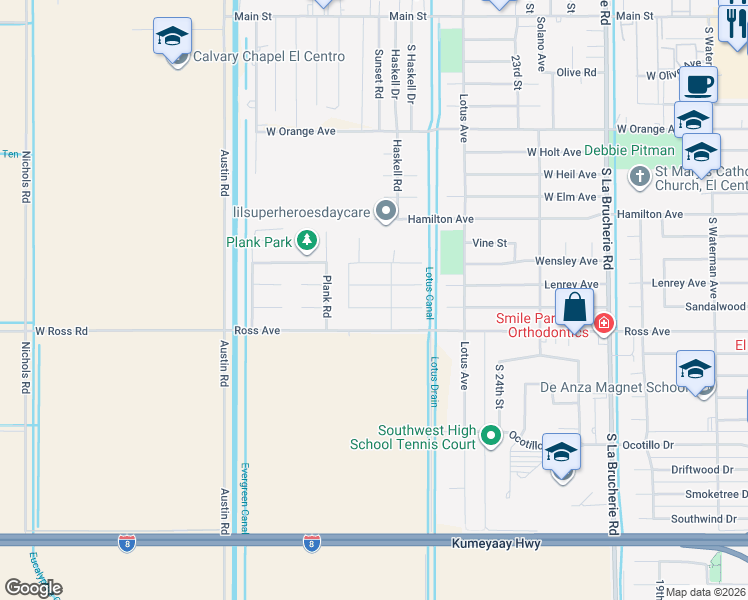 map of restaurants, bars, coffee shops, grocery stores, and more near 2702 Sandalwood Drive in El Centro