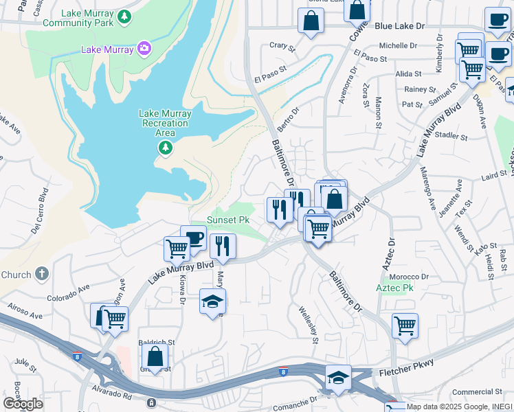 map of restaurants, bars, coffee shops, grocery stores, and more near 5836 Pawnee Drive in La Mesa