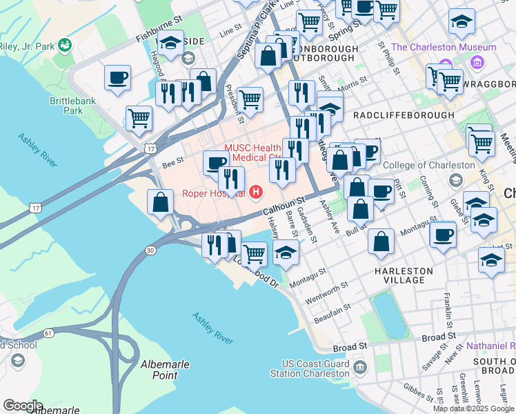 map of restaurants, bars, coffee shops, grocery stores, and more near 316 Calhoun St in Charleston