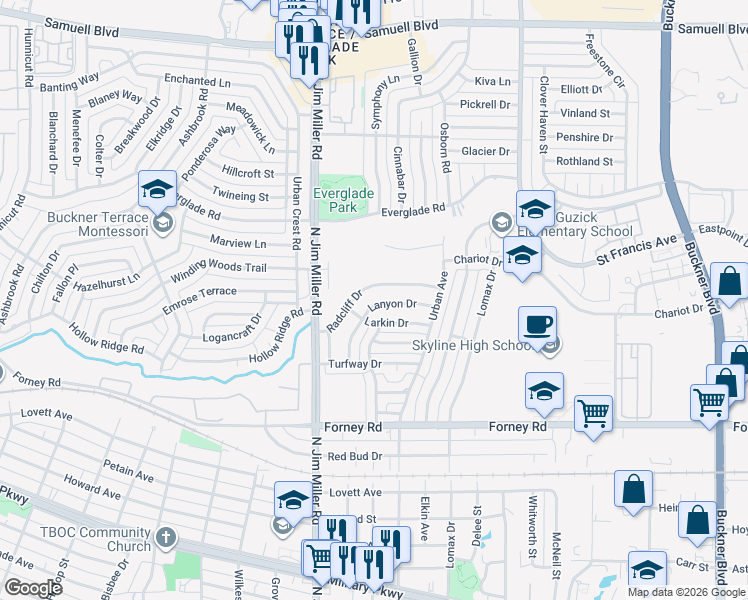 map of restaurants, bars, coffee shops, grocery stores, and more near 7121 Lanyon Drive in Dallas