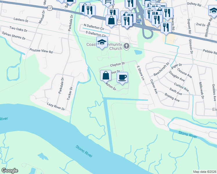 map of restaurants, bars, coffee shops, grocery stores, and more near 371 Clayton Drive in Charleston