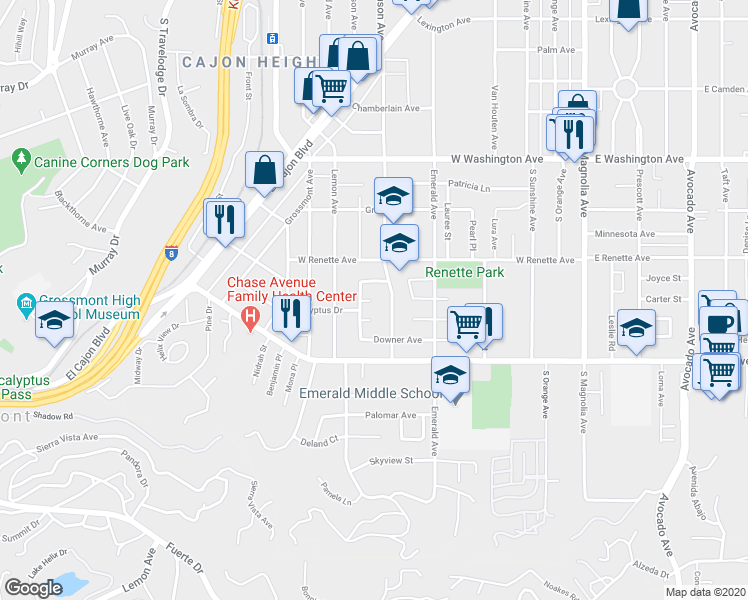 map of restaurants, bars, coffee shops, grocery stores, and more near 731 Chester Way in El Cajon
