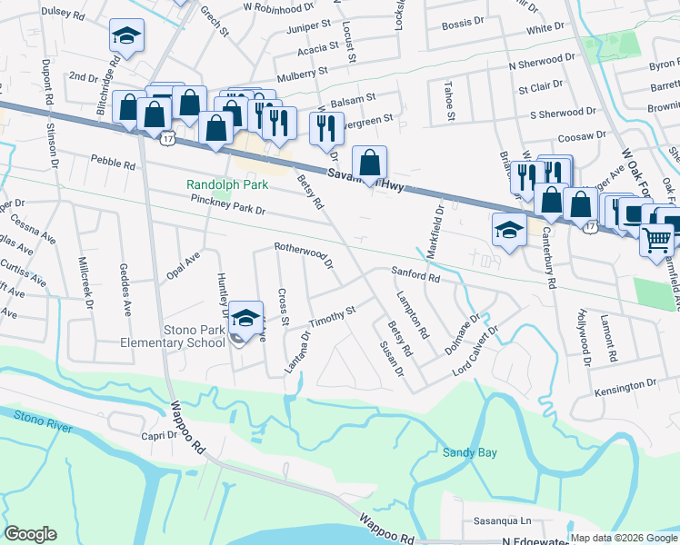 map of restaurants, bars, coffee shops, grocery stores, and more near 409 Rotherwood Drive in Charleston