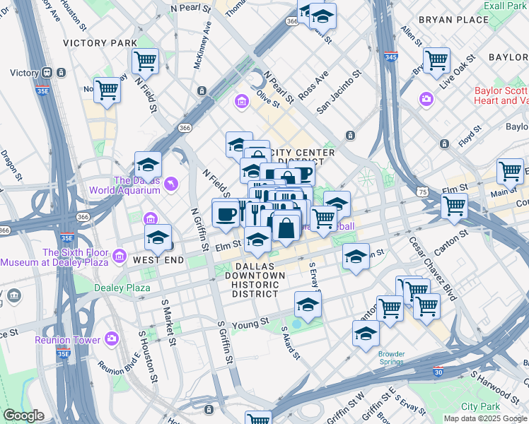 map of restaurants, bars, coffee shops, grocery stores, and more near 300 North Akard Street in Dallas