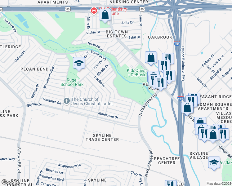 map of restaurants, bars, coffee shops, grocery stores, and more near 1613 South Parkway in Mesquite