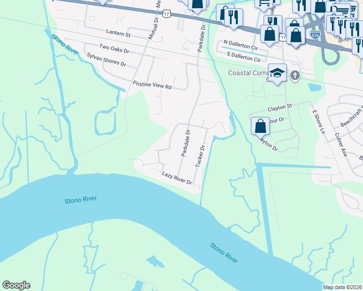 map of restaurants, bars, coffee shops, grocery stores, and more near 345 Parkdale Drive in Charleston