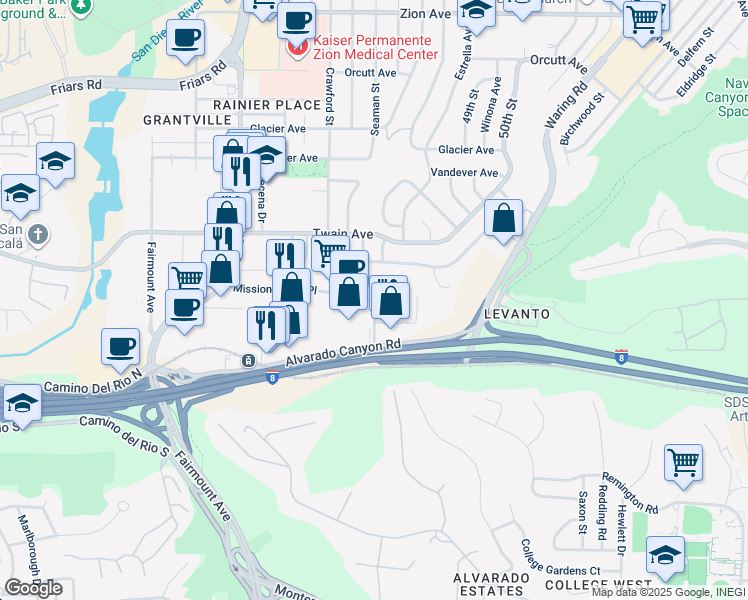 map of restaurants, bars, coffee shops, grocery stores, and more near in San Diego