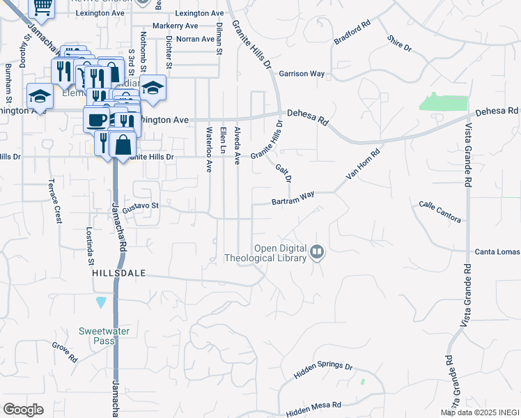 map of restaurants, bars, coffee shops, grocery stores, and more near 1671 Bartram Way in El Cajon
