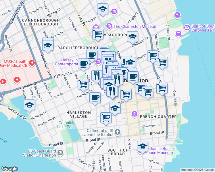 map of restaurants, bars, coffee shops, grocery stores, and more near in Charleston