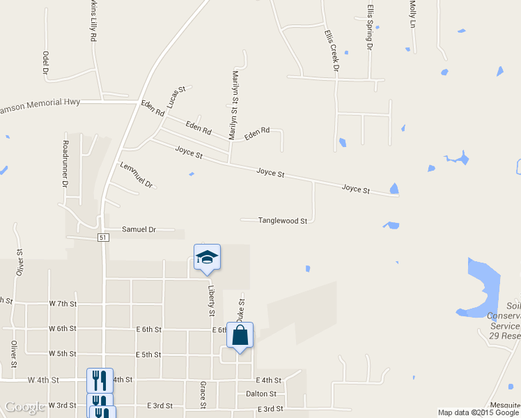 map of restaurants, bars, coffee shops, grocery stores, and more near 2349 Tanglewood Street in Weatherford