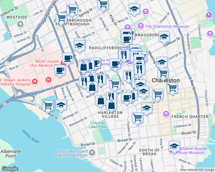 map of restaurants, bars, coffee shops, grocery stores, and more near 42 Bull Street in Charleston