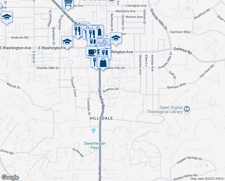 map of restaurants, bars, coffee shops, grocery stores, and more near 1539 Gustavo Street in El Cajon