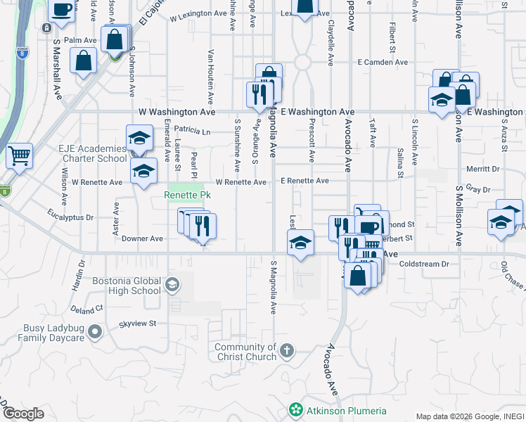 map of restaurants, bars, coffee shops, grocery stores, and more near 950 South Magnolia Avenue in El Cajon