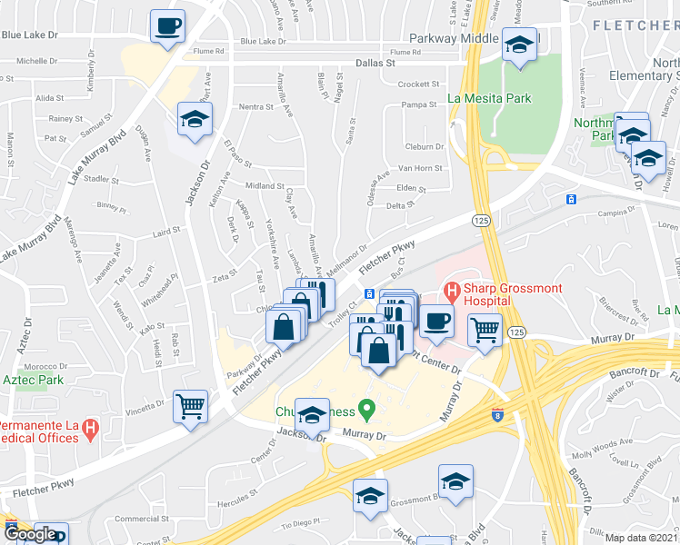 map of restaurants, bars, coffee shops, grocery stores, and more near 8717 Fletcher Parkway in La Mesa