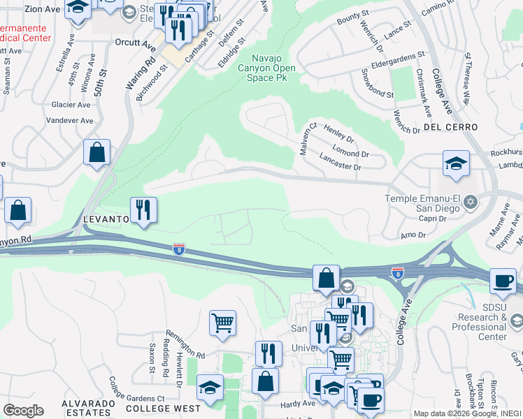 map of restaurants, bars, coffee shops, grocery stores, and more near 5727C Adobe Falls Road in San Diego