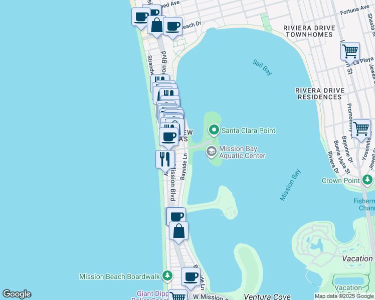 map of restaurants, bars, coffee shops, grocery stores, and more near 815 Santa Clara Place in San Diego