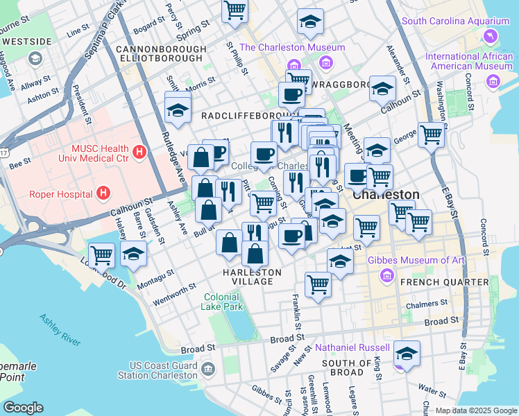 map of restaurants, bars, coffee shops, grocery stores, and more near 34 Pitt Street in Charleston