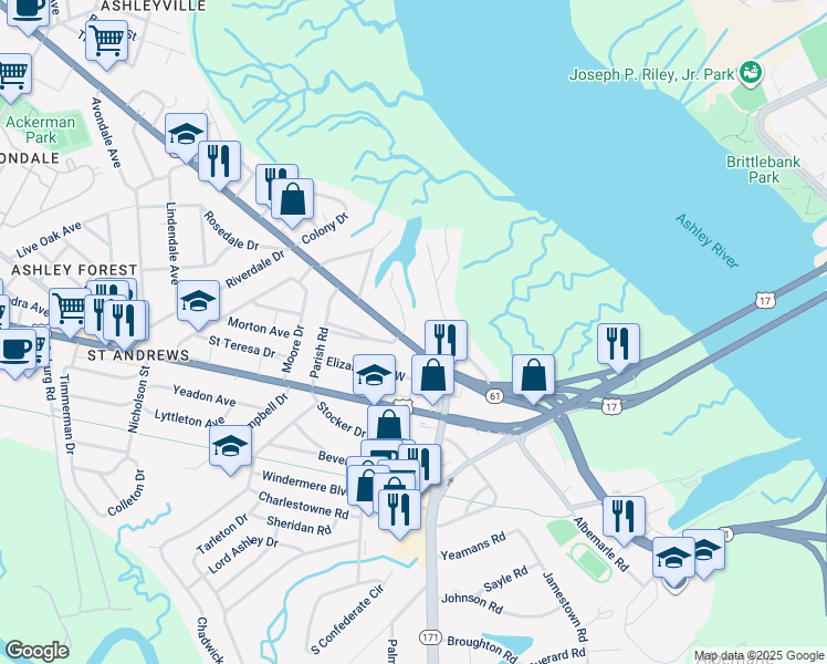 map of restaurants, bars, coffee shops, grocery stores, and more near 704 North Godfrey Park Place in Charleston