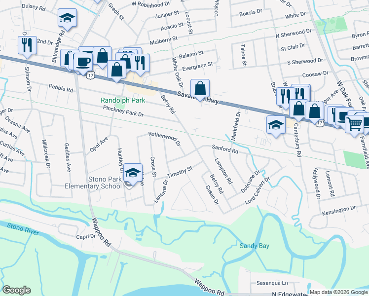 map of restaurants, bars, coffee shops, grocery stores, and more near 409 Rotherwood Drive in Charleston