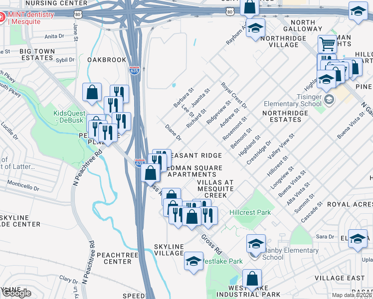 map of restaurants, bars, coffee shops, grocery stores, and more near 1205 Redman Avenue in Mesquite