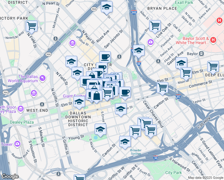 map of restaurants, bars, coffee shops, grocery stores, and more near 1916 Elm Street in Dallas