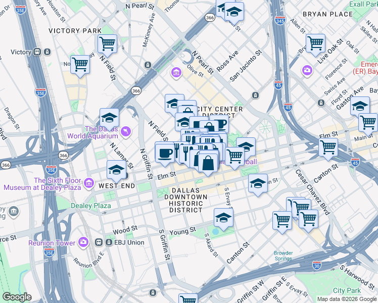 map of restaurants, bars, coffee shops, grocery stores, and more near in Dallas