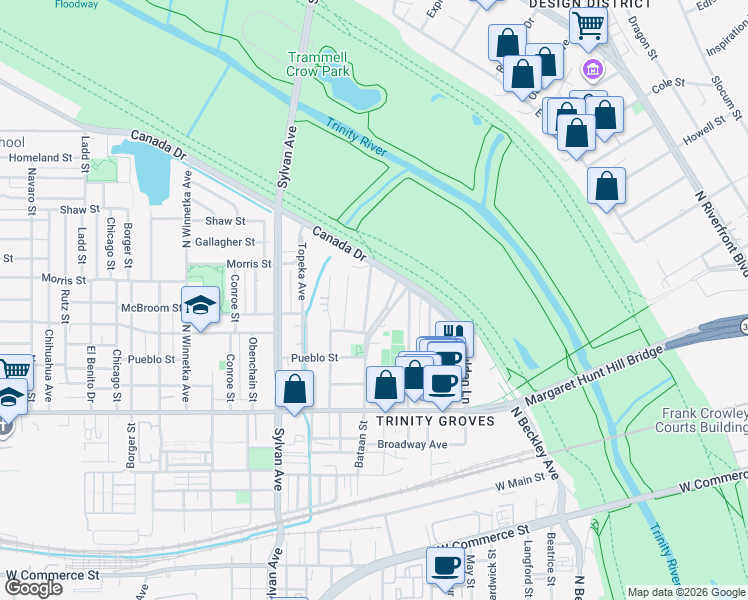 map of restaurants, bars, coffee shops, grocery stores, and more near 3337 Coronet Boulevard in Dallas