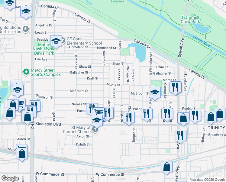 map of restaurants, bars, coffee shops, grocery stores, and more near 1518 McBroom Street in Dallas