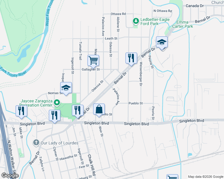 map of restaurants, bars, coffee shops, grocery stores, and more near 4916 Bernal Drive in Dallas