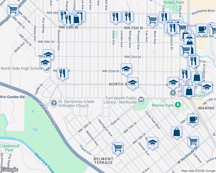 map of restaurants, bars, coffee shops, grocery stores, and more near 2019 Gould Avenue in Fort Worth