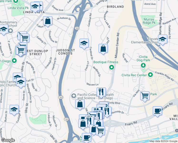 map of restaurants, bars, coffee shops, grocery stores, and more near 2106 Cardinal Drive in San Diego