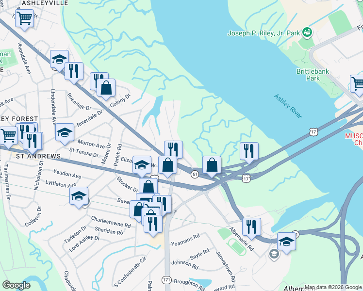 map of restaurants, bars, coffee shops, grocery stores, and more near 736 Woodward Road in Charleston