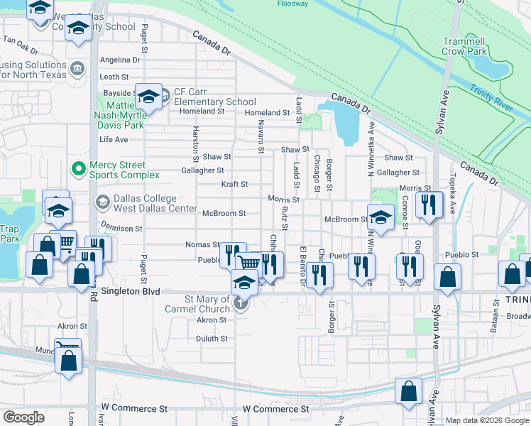map of restaurants, bars, coffee shops, grocery stores, and more near 3322 Navaro Street in Dallas