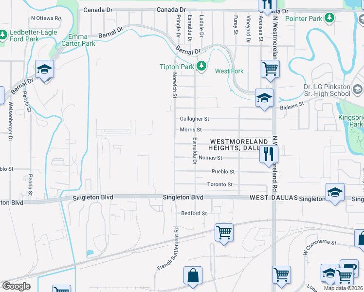map of restaurants, bars, coffee shops, grocery stores, and more near 3726 McBroom Street in Dallas
